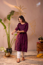 Juniper Wine Tonal Sequin Embellished Straight Kurta Set | Grocsy