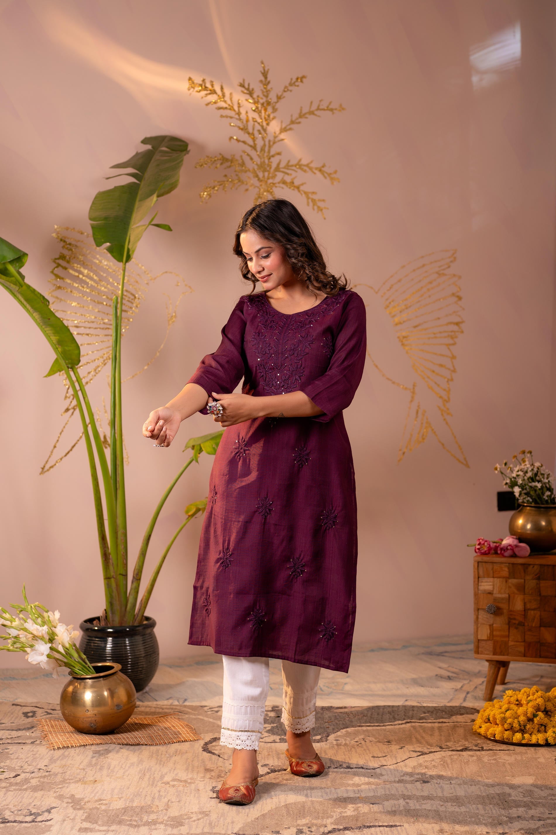 Juniper Wine Tonal Sequin Embellished Straight Kurta Set | Grocsy