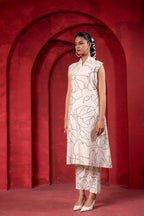 Juniper White & Black Floral Printed Sleeveless Straight Kurta Set | Grocsy