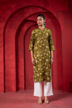Juniper Olive Green Floral Handblock-Style Straight Kurta | Grocsy