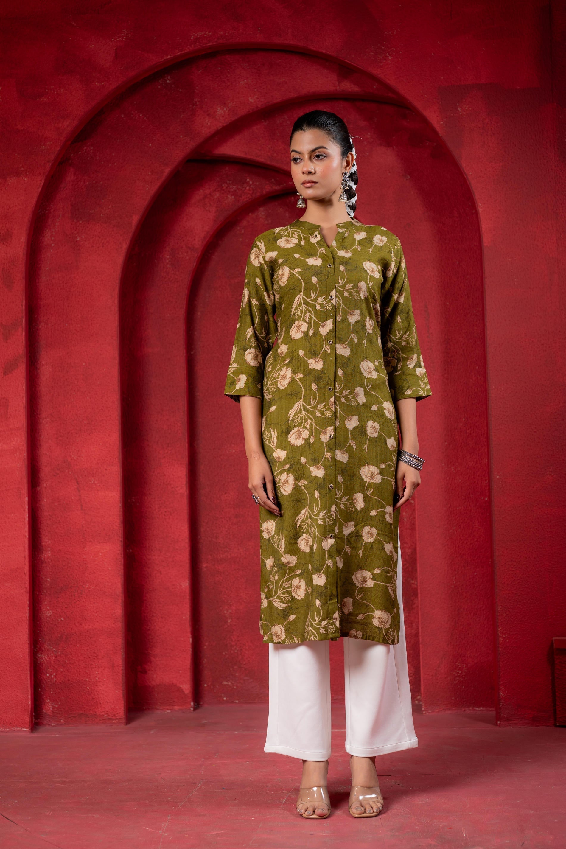 Juniper Olive Green Floral Handblock-Style Straight Kurta | Grocsy