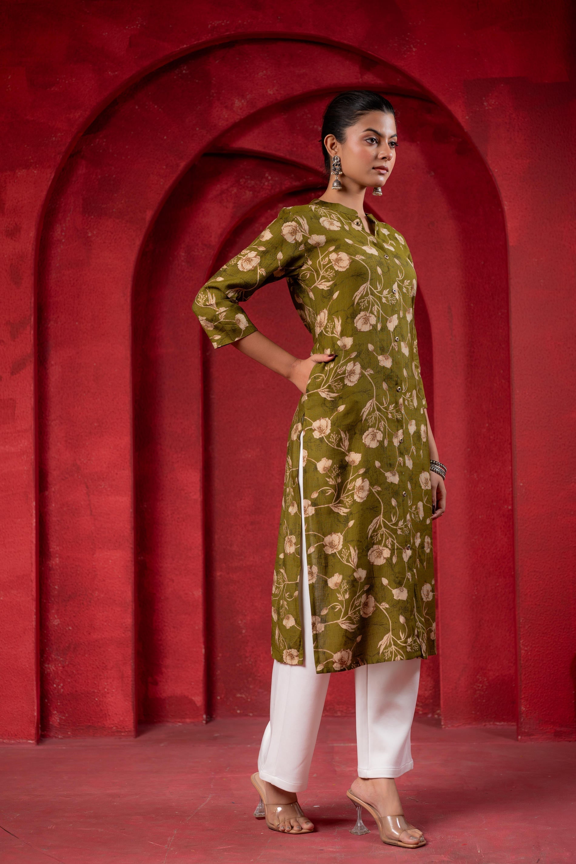 Juniper Olive Green Floral Handblock-Style Straight Kurta | Grocsy