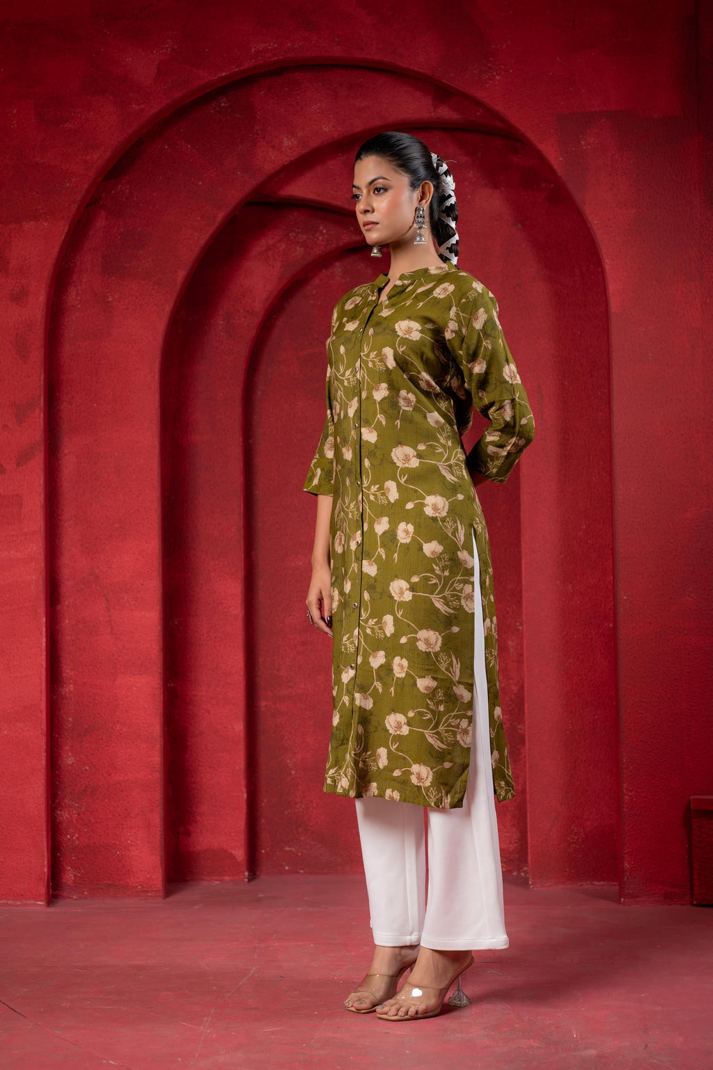 Juniper Olive Green Floral Handblock-Style Straight Kurta | Grocsy