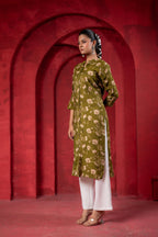 Juniper Olive Green Floral Handblock-Style Straight Kurta | Grocsy