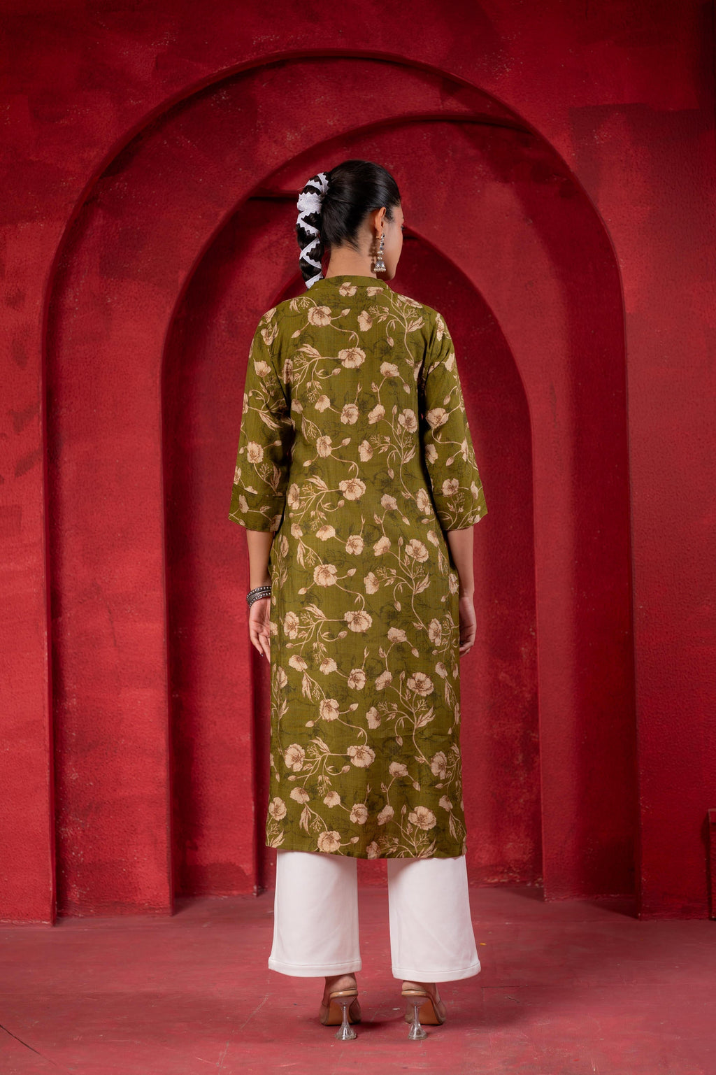 Juniper Olive Green Floral Handblock-Style Straight Kurta | Grocsy
