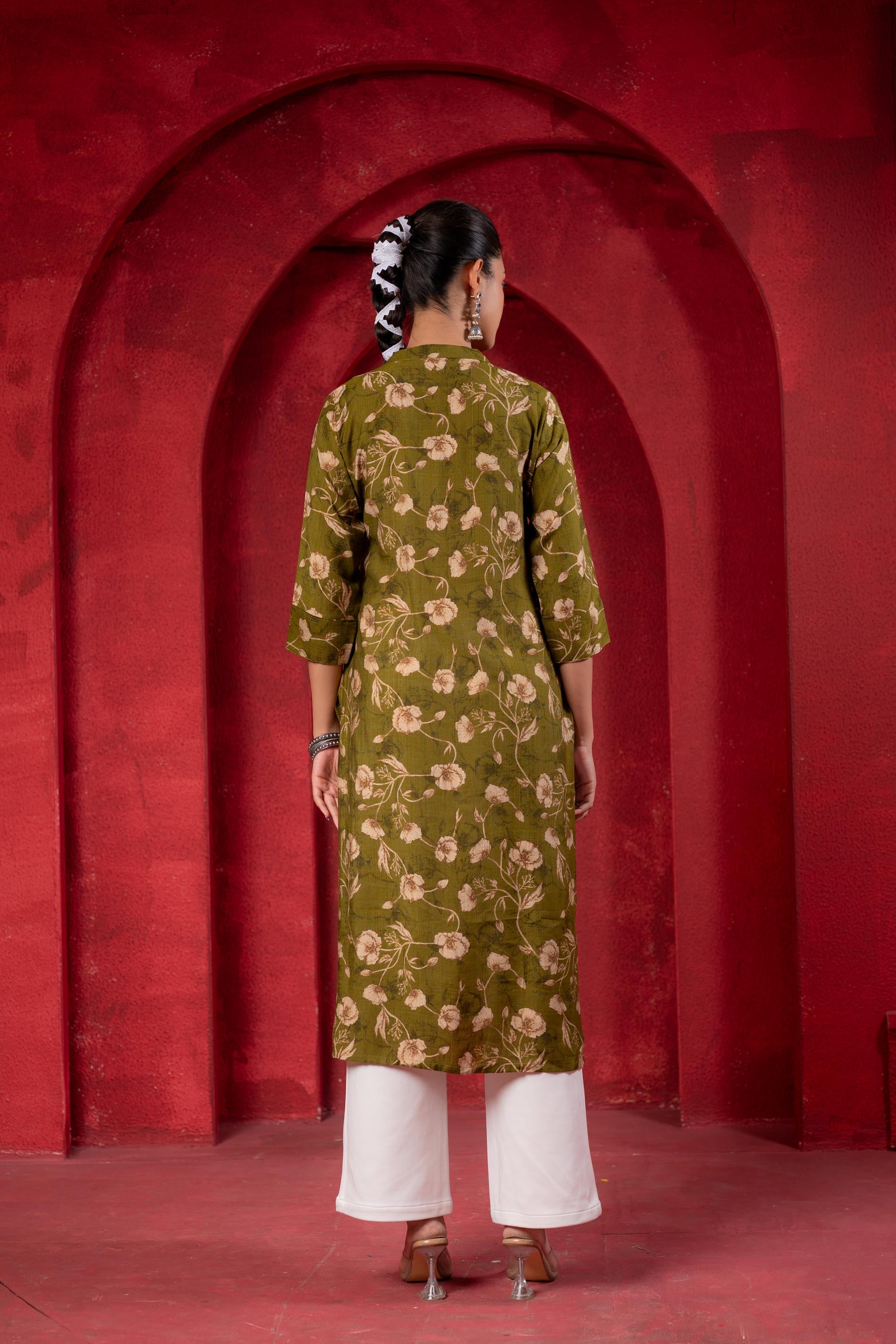 Juniper Olive Green Floral Handblock-Style Straight Kurta | Grocsy