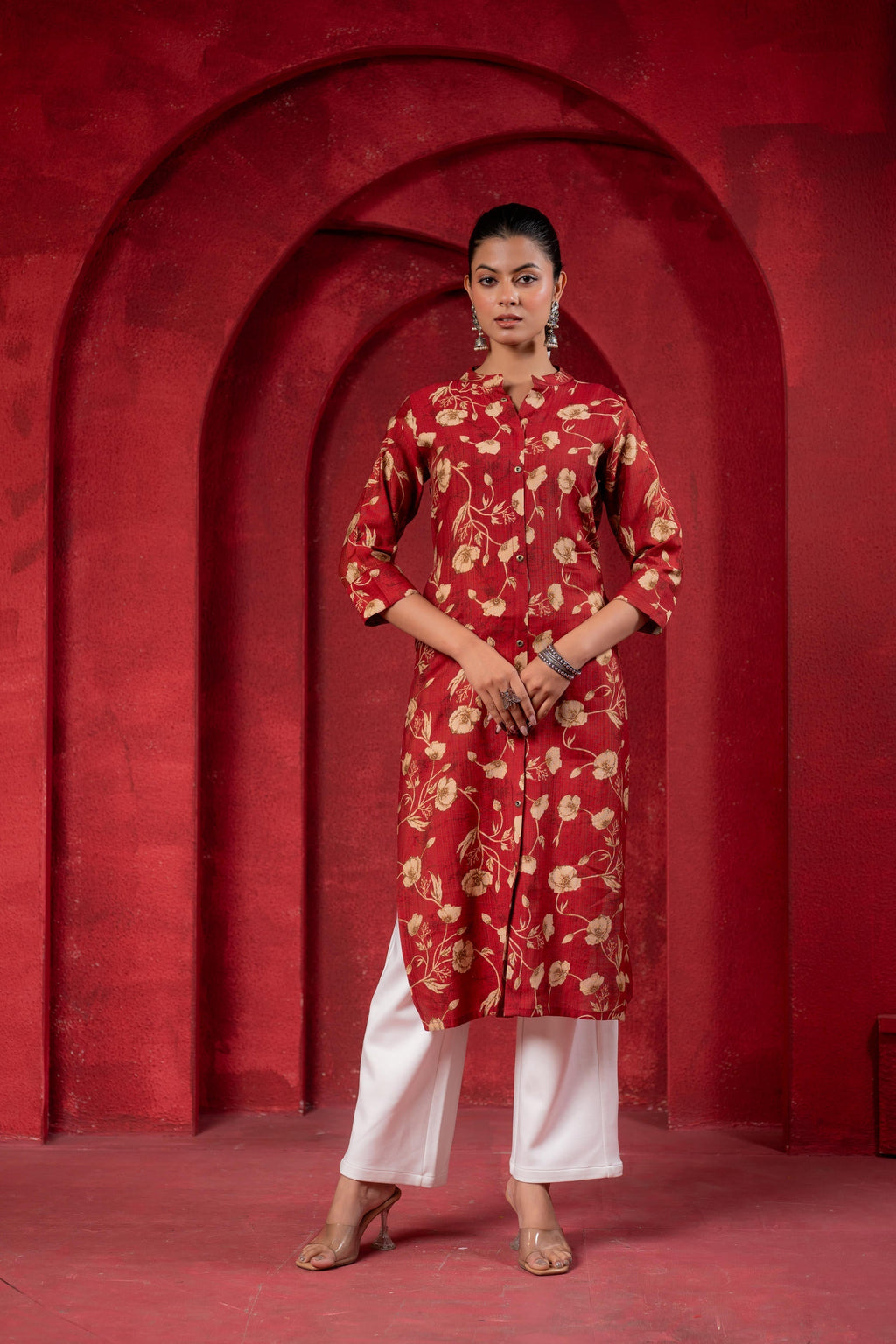 Juniper Maroon Floral Handblock-Style Straight Kurta | Grocsy