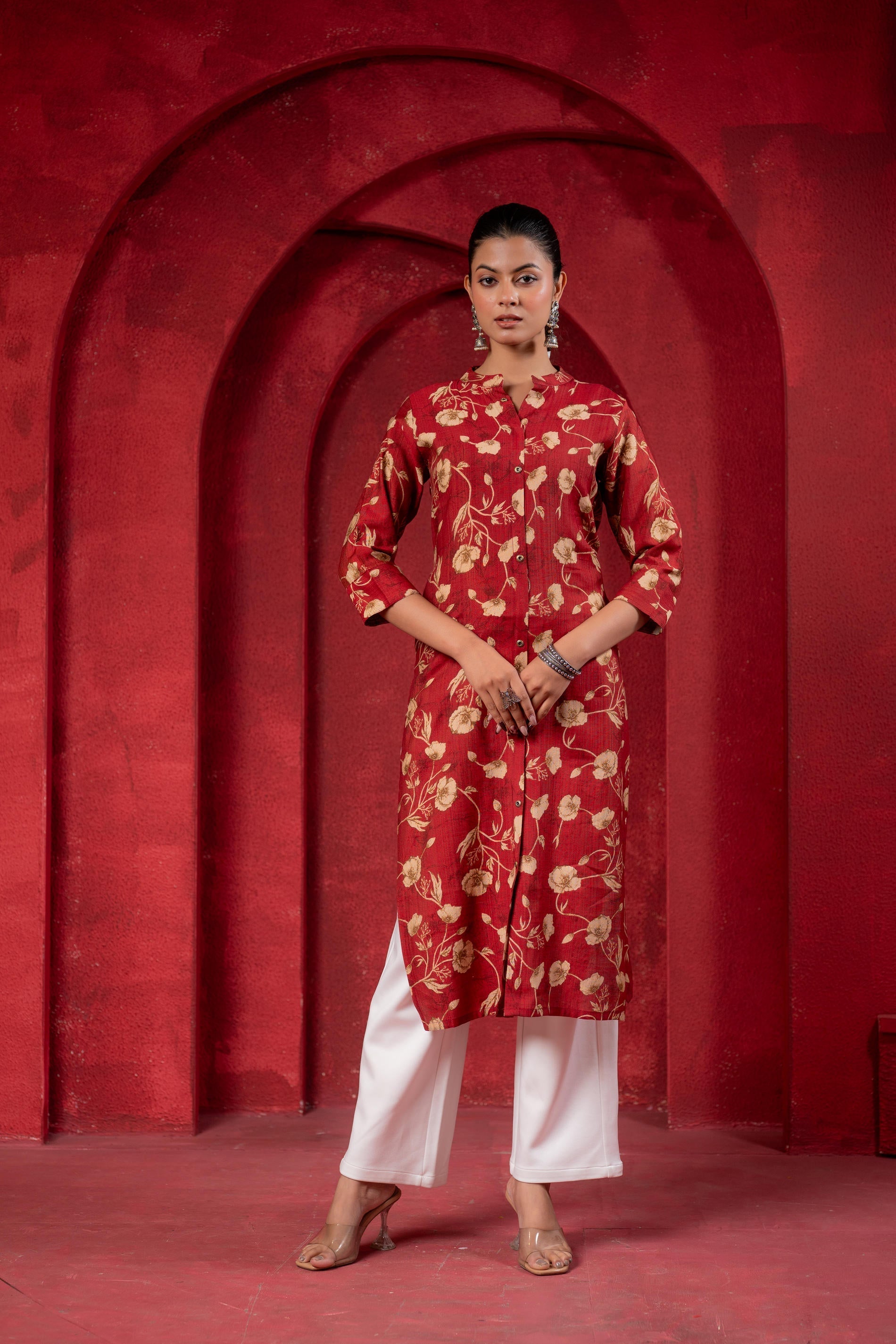 Juniper Maroon Floral Handblock-Style Straight Kurta | Grocsy