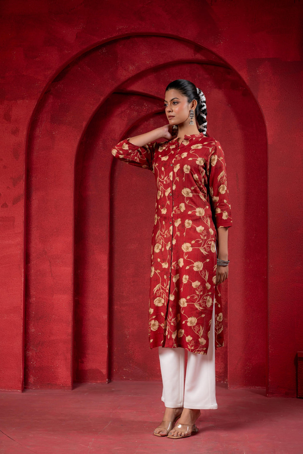 Juniper Maroon Floral Handblock-Style Straight Kurta | Grocsy