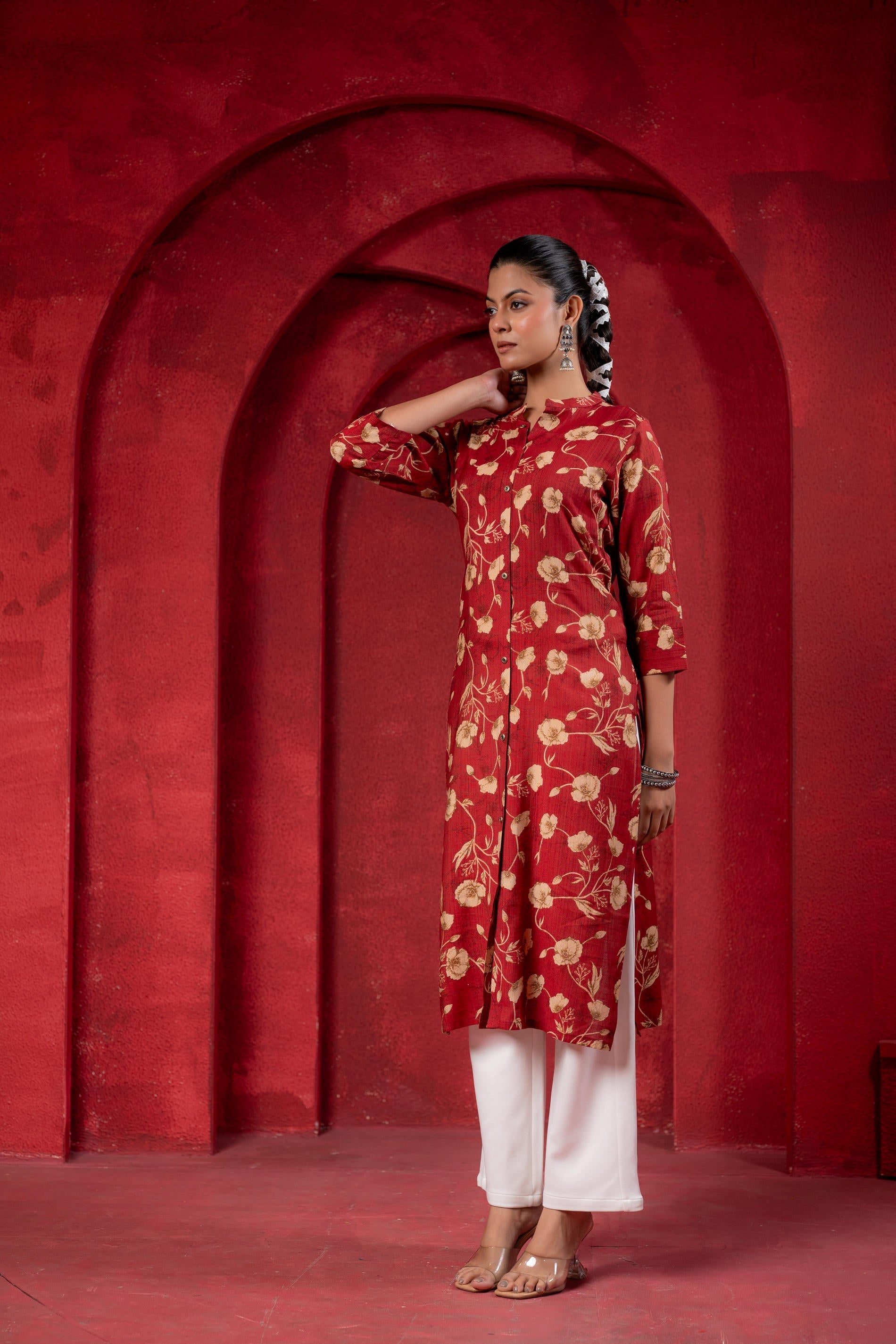 Juniper Maroon Floral Handblock-Style Straight Kurta | Grocsy