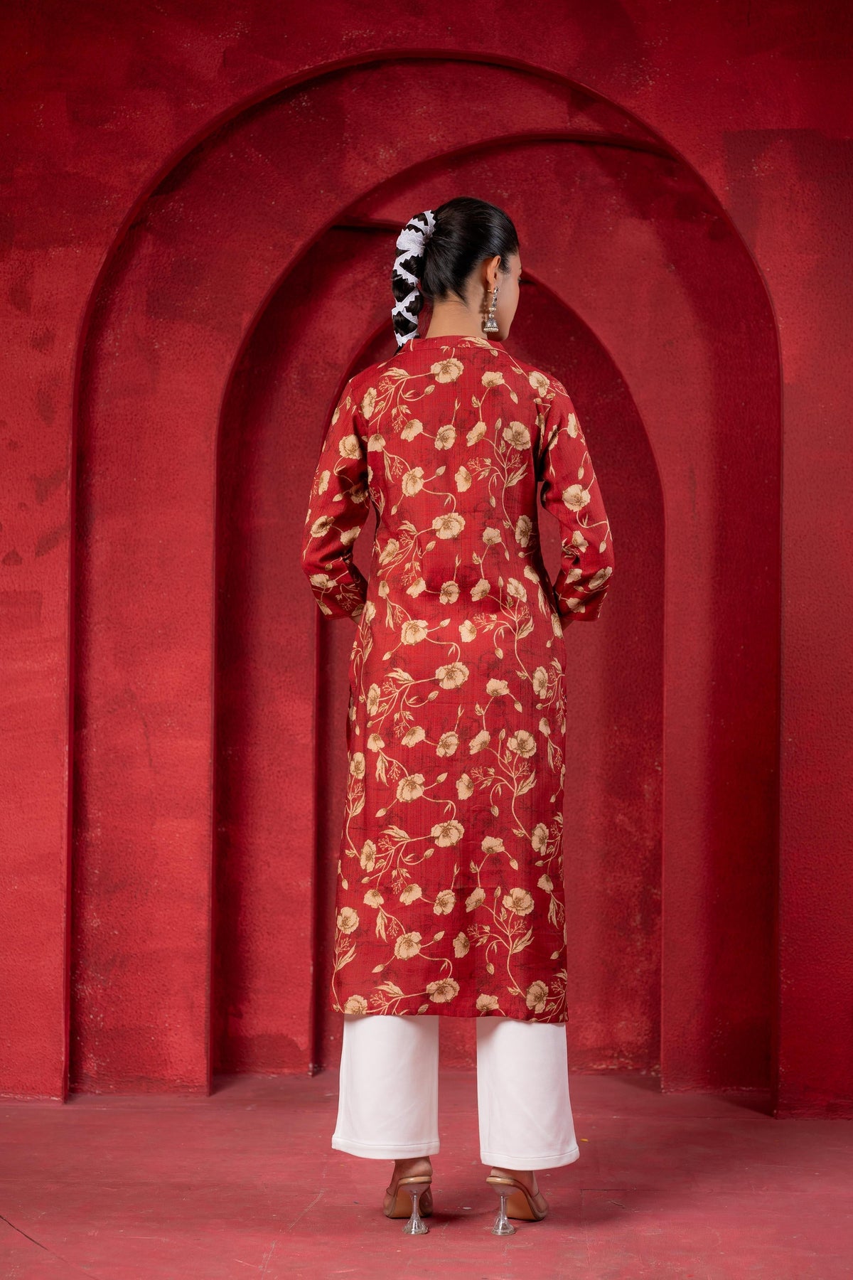 Juniper Maroon Floral Handblock-Style Straight Kurta | Grocsy