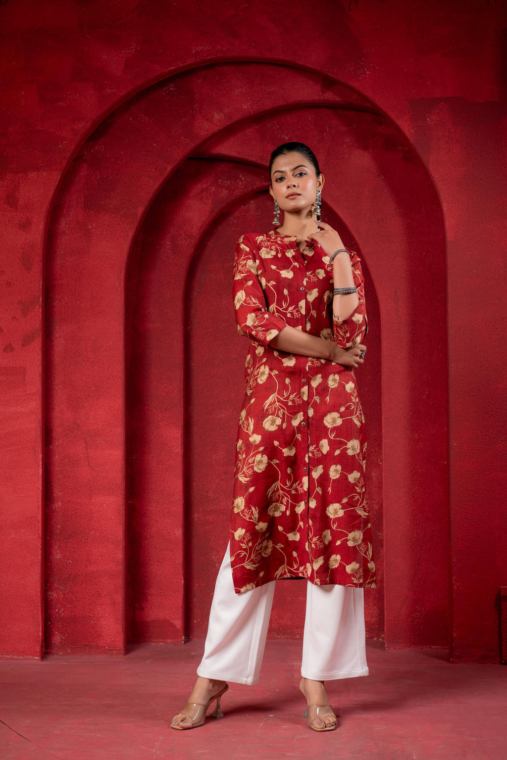 Juniper Maroon Floral Handblock-Style Straight Kurta | Grocsy
