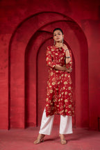 Juniper Maroon Floral Handblock-Style Straight Kurta | Grocsy