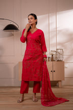 Juniper Fuchsia Solid Embroidered Straight Kurta Pant And Dupatta Set With Thread Work | Grocsy
