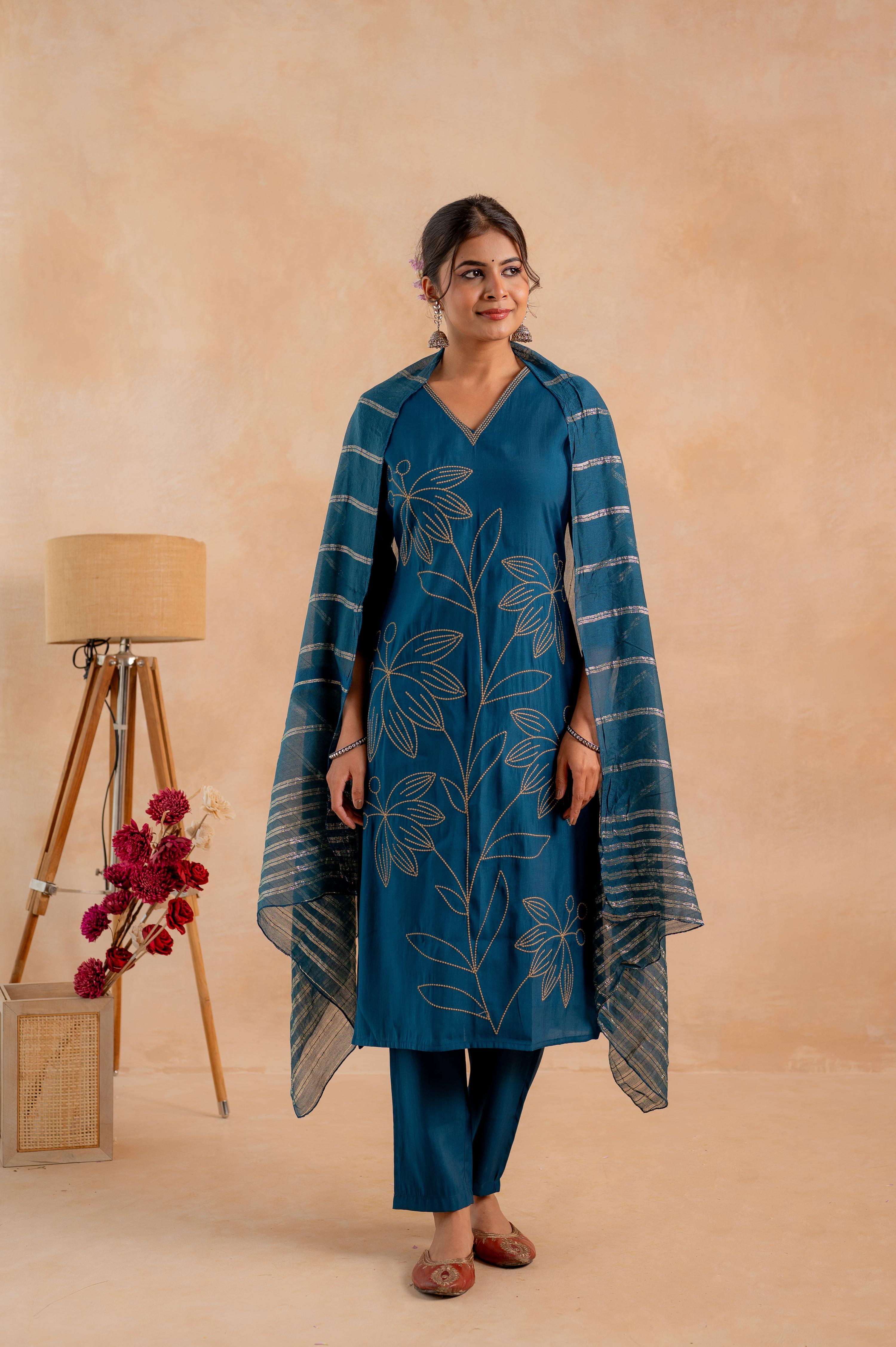 Juniper Indigo Solid Embroidered Straight Kurta Pant And Dupatta Set With Thread Work | Grocsy