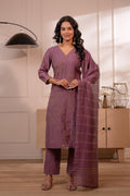 Juniper Plum Solid Embroidered Straight Kurta Pant And Dupatta Set With Thread Work | Grocsy