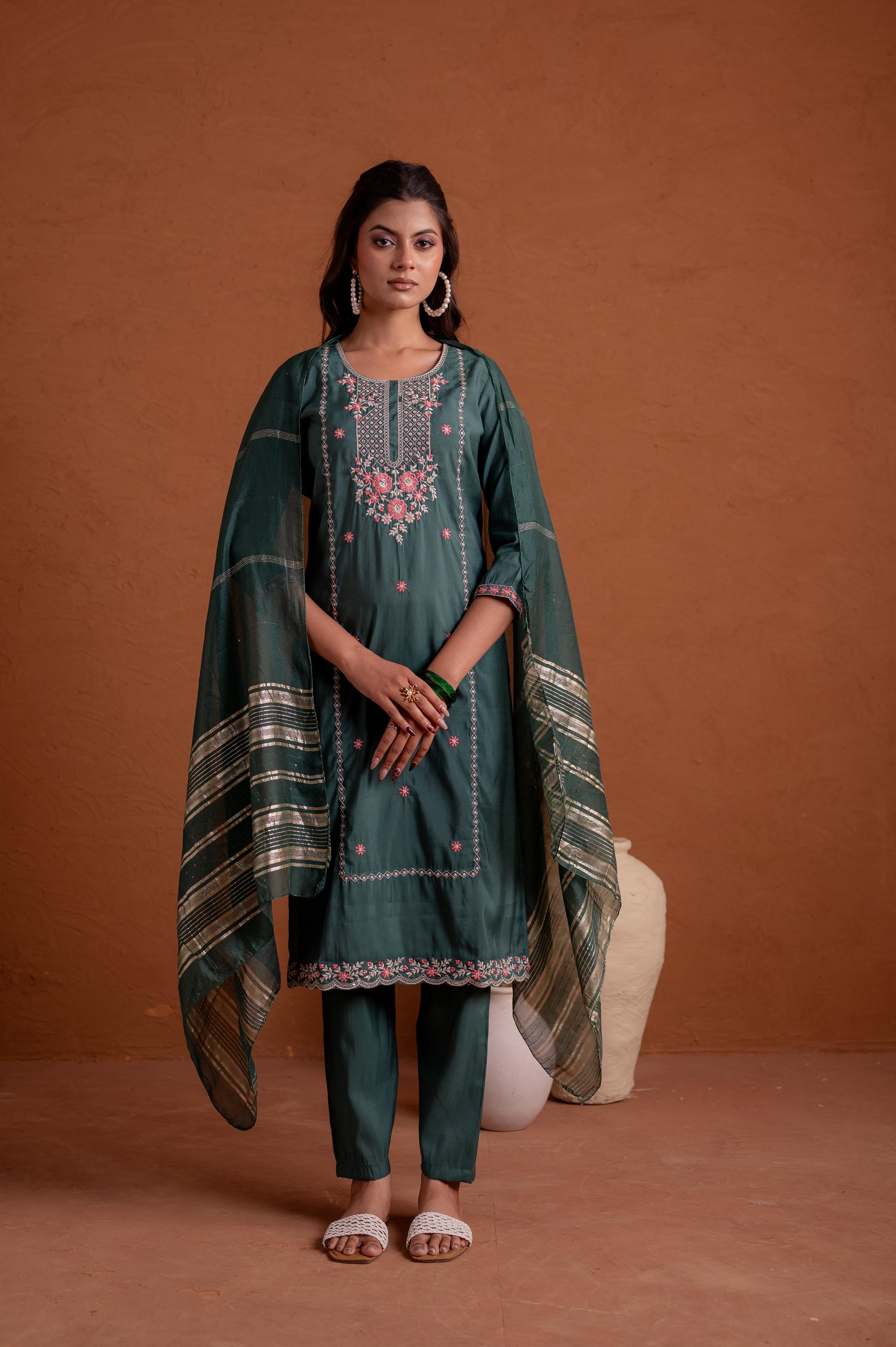 Juniper Green Poly Viscose Straight Kurta Pant And Dupatta Set With Thread & Sequence Work | Grocsy