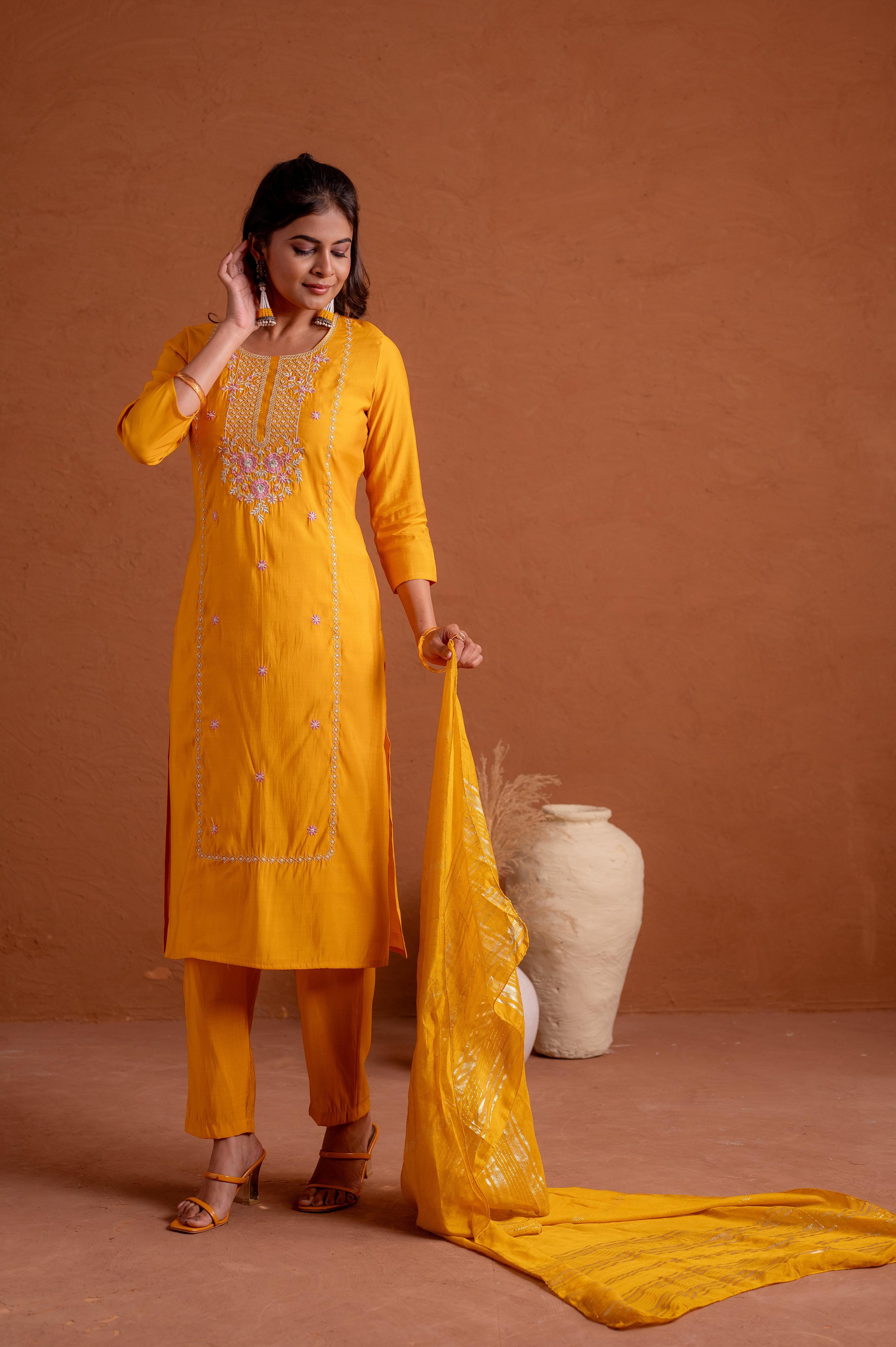 Juniper Mustard Poly Viscose Straight Kurta Pant And Dupatta Set With Thread & Sequence Work | Grocsy
