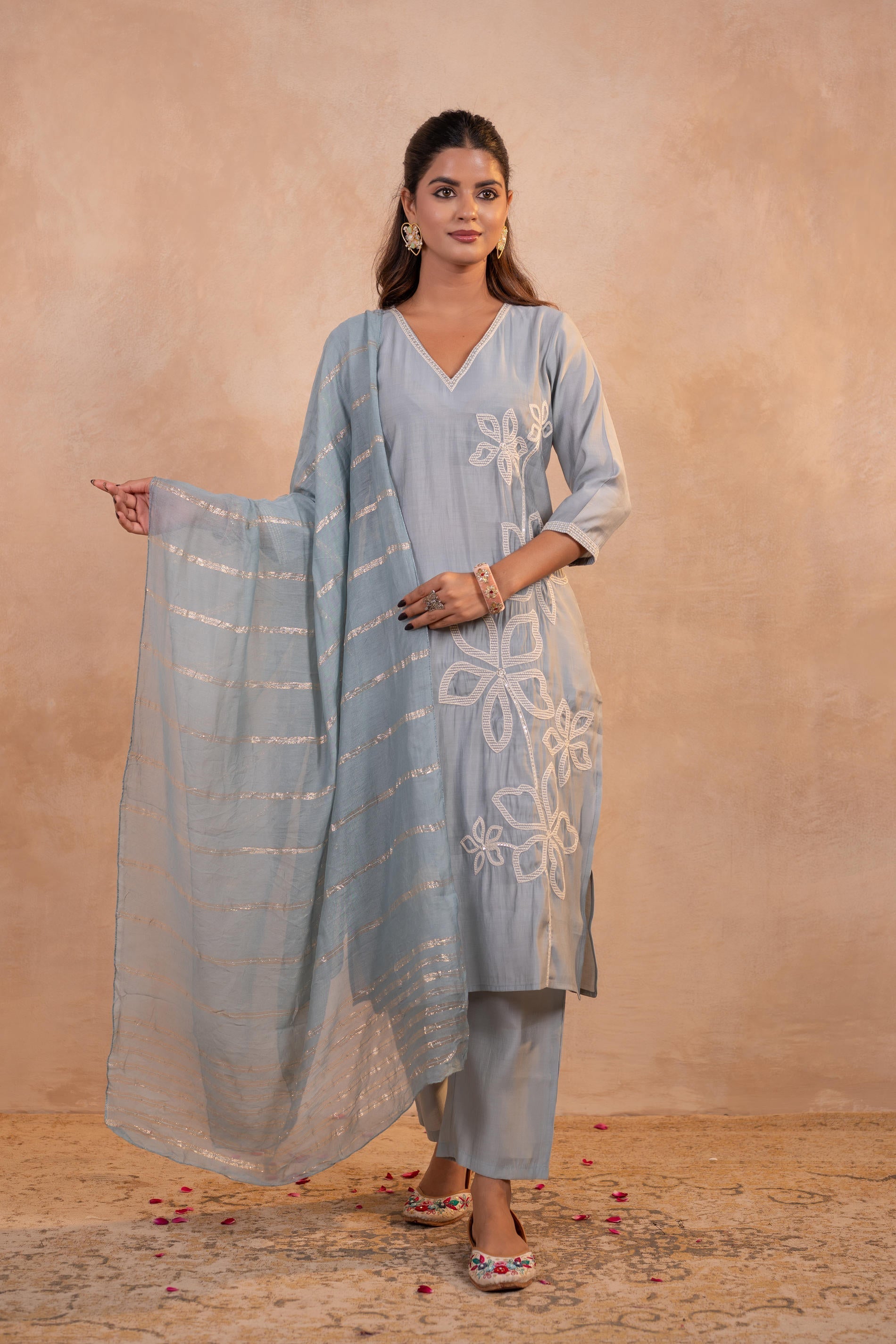 Juniper Grey Serenity Embroidered Suit Set | Grocsy