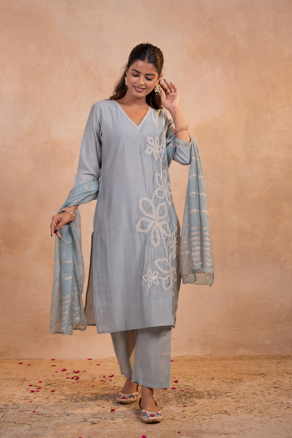 Juniper Grey Serenity Embroidered Suit Set | Grocsy