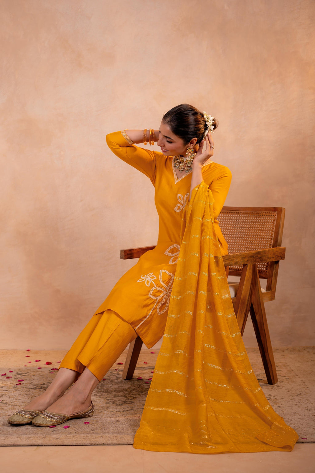 Juniper Mustard Serenity Embroidered Suit Set | Grocsy