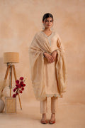 Juniper Beige Poly Viscose Straight Kurta Pant And Dupatta Set With Zari, Thread & Sequence Work | Grocsy