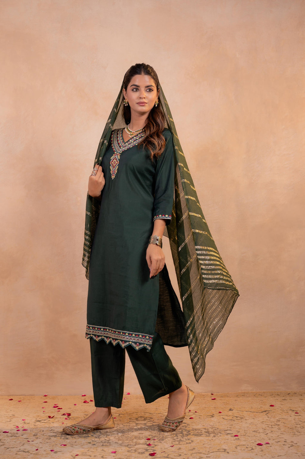 Juniper Bottle Green Serenity Embroidered Suit Set | Grocsy