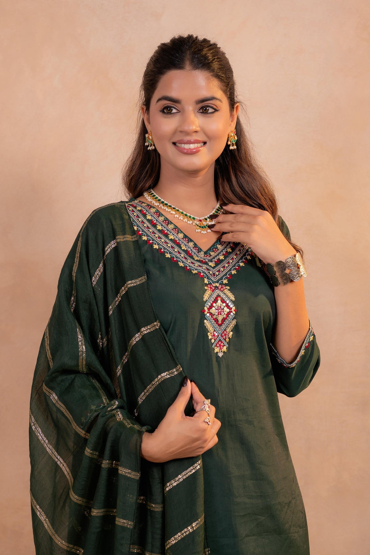 Juniper Bottle Green Serenity Embroidered Suit Set | Grocsy