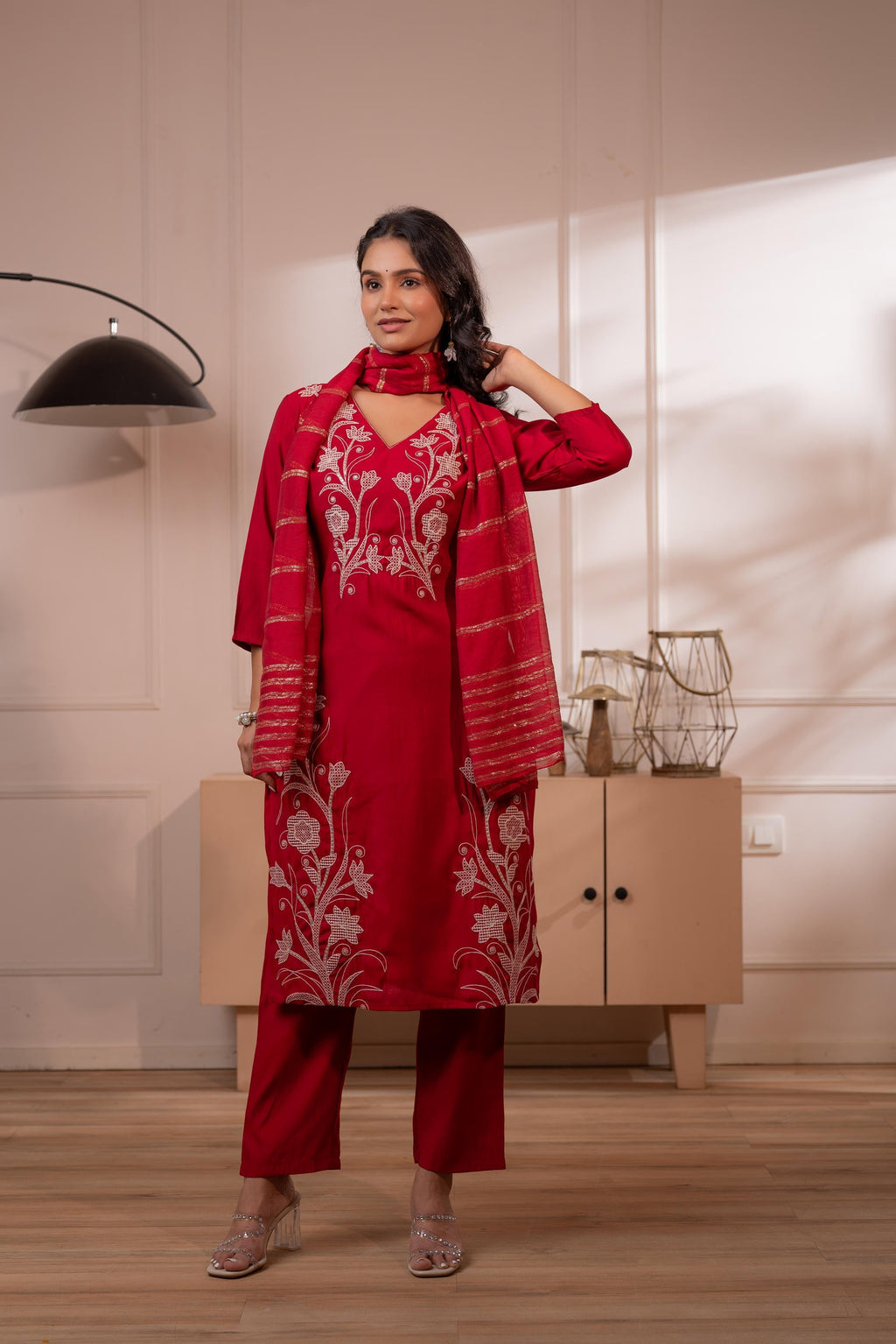 Juniper Maroon Solid Embroidered Straight Kurta Pant And Dupatta Set With Thread Work | Grocsy