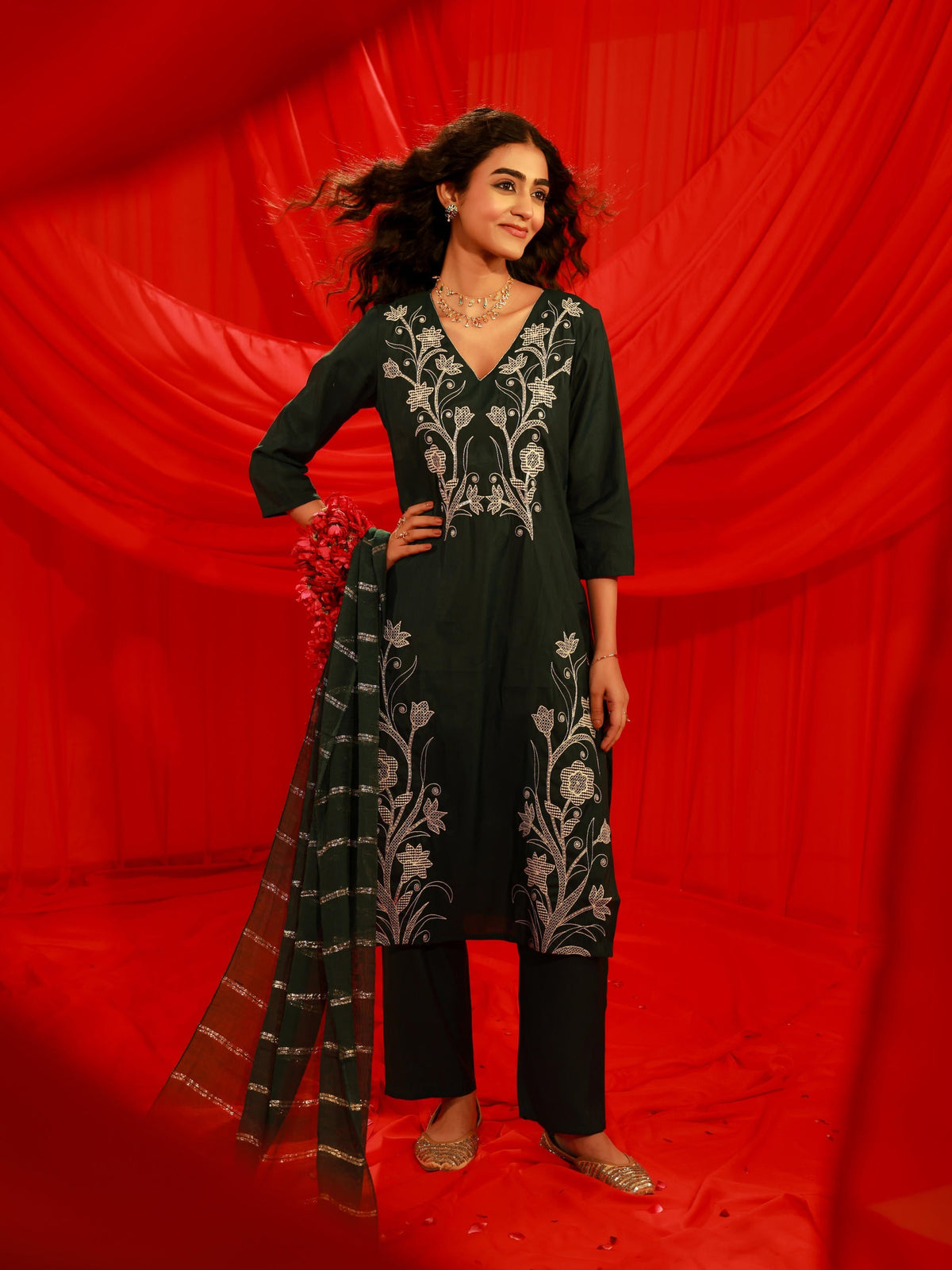 Juniper Mehandi Green Solid Embroidered Straight Kurta Pant And Dupatta Set With Thread Work | Grocsy