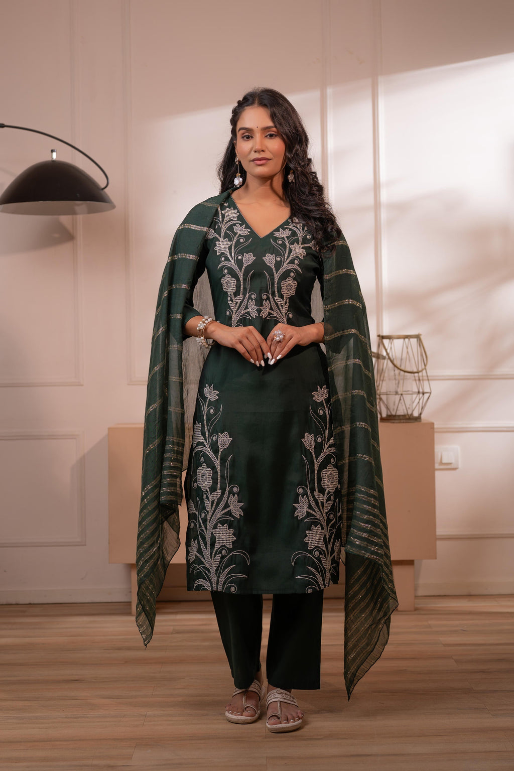Juniper Mehandi Green Solid Embroidered Straight Kurta Pant And Dupatta Set With Thread Work | Grocsy