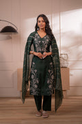 Juniper Mehandi Green Solid Embroidered Straight Kurta Pant And Dupatta Set With Thread Work | Grocsy
