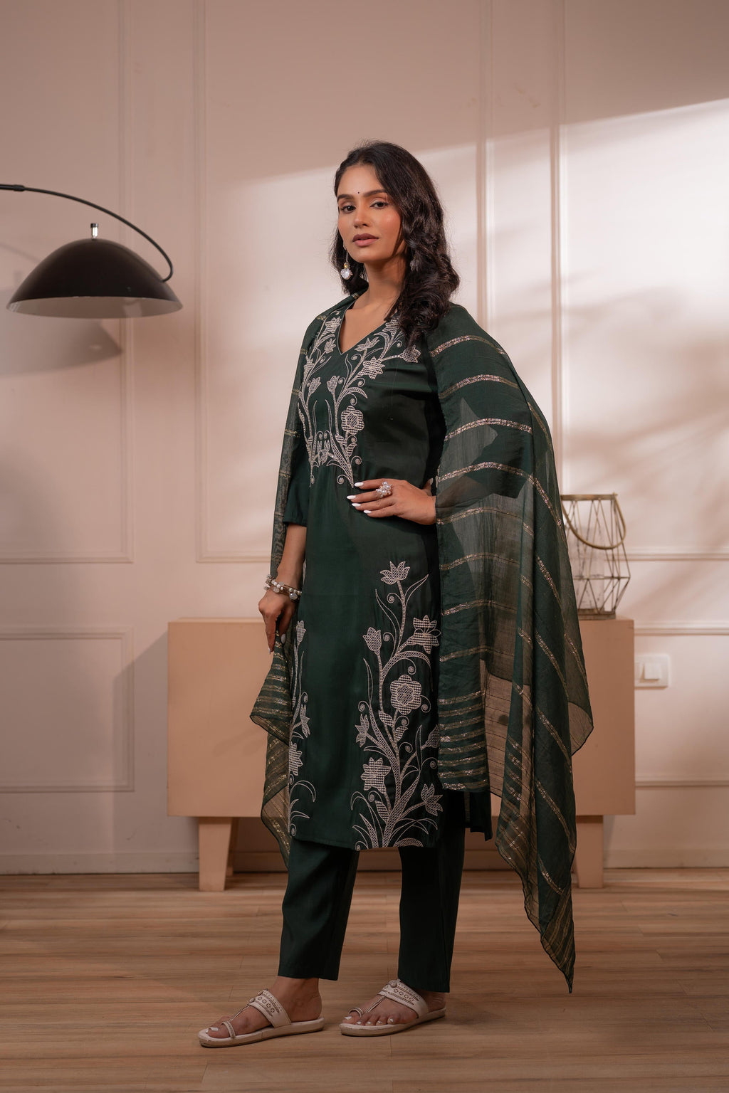 Juniper Mehandi Green Solid Embroidered Straight Kurta Pant And Dupatta Set With Thread Work | Grocsy