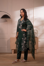 Juniper Mehandi Green Solid Embroidered Straight Kurta Pant And Dupatta Set With Thread Work | Grocsy