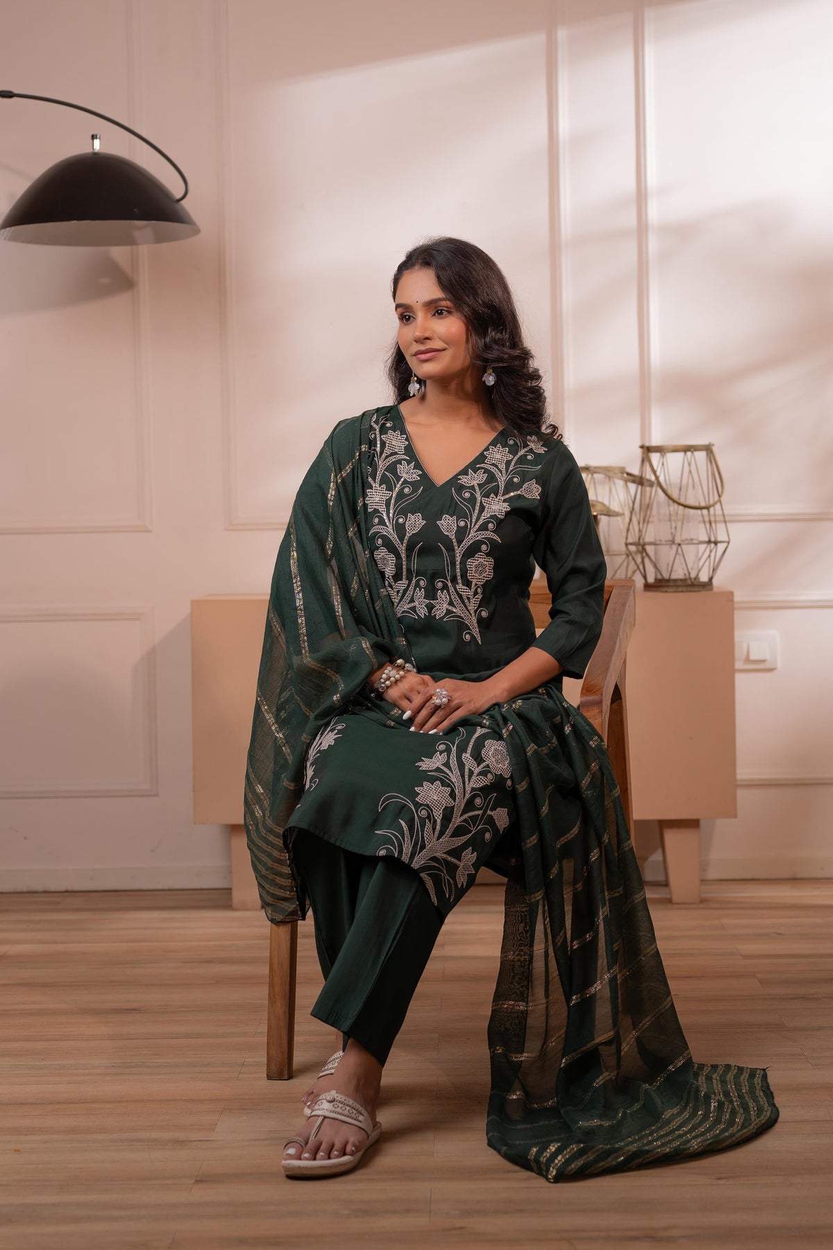 Juniper Mehandi Green Solid Embroidered Straight Kurta Pant And Dupatta Set With Thread Work | Grocsy