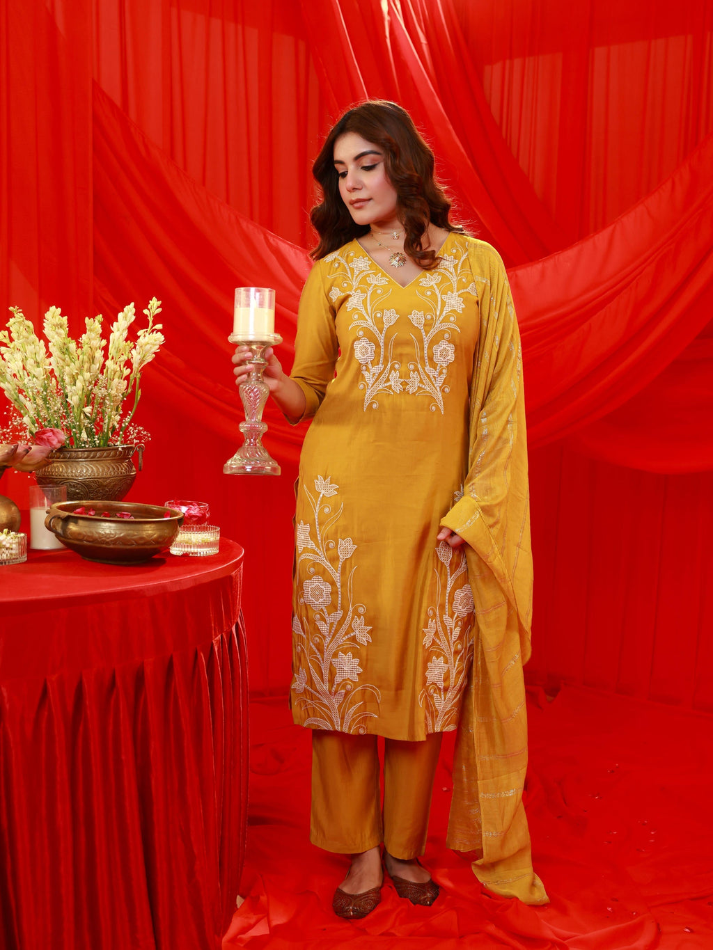 Juniper Mustard Solid Embroidered Straight Kurta Pant And Dupatta Set With Thread Work | Grocsy