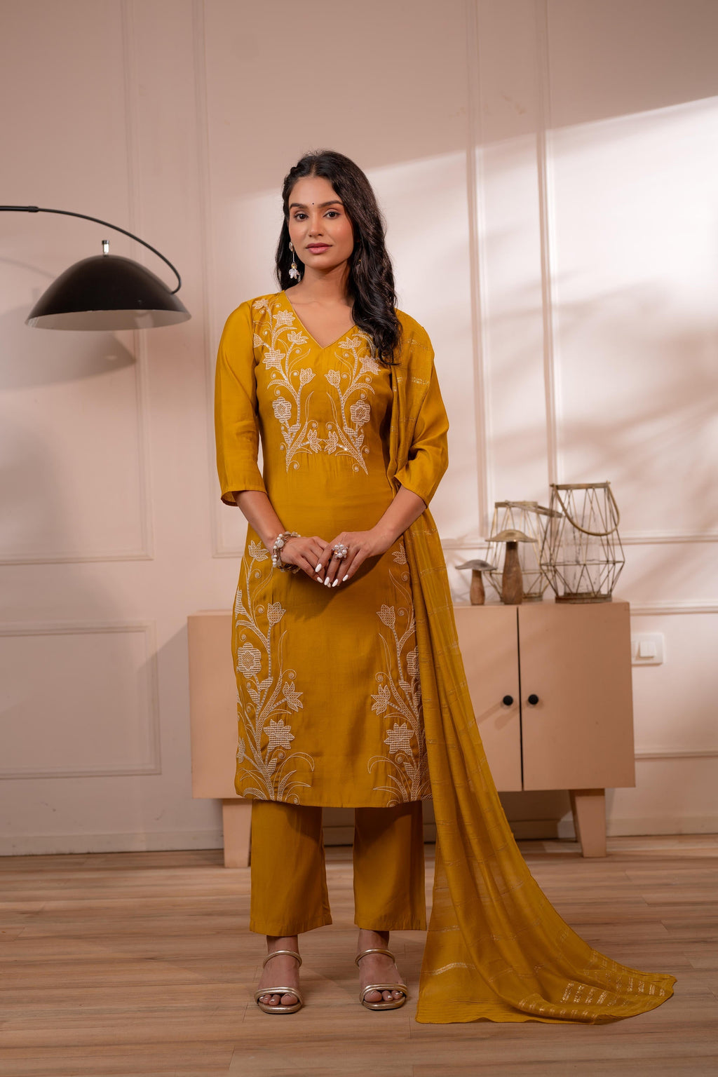 Juniper Mustard Solid Embroidered Straight Kurta Pant And Dupatta Set With Thread Work | Grocsy