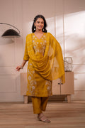 Juniper Mustard Solid Embroidered Straight Kurta Pant And Dupatta Set With Thread Work | Grocsy