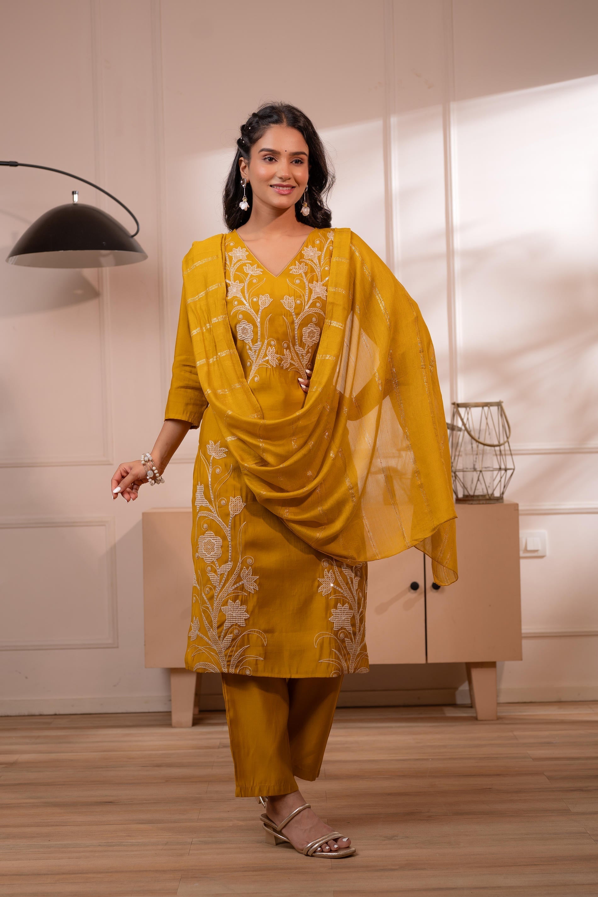Juniper Mustard Solid Embroidered Straight Kurta Pant And Dupatta Set With Thread Work | Grocsy