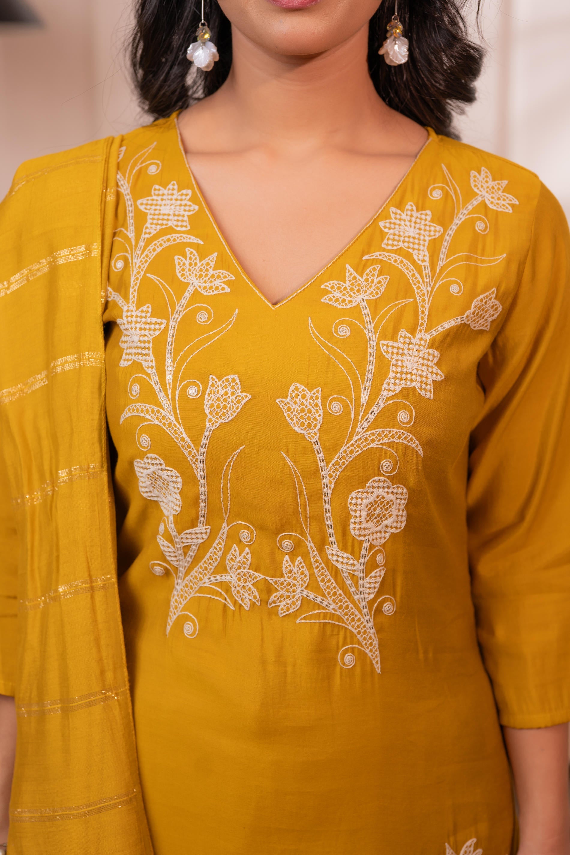 Juniper Mustard Solid Embroidered Straight Kurta Pant And Dupatta Set With Thread Work | Grocsy