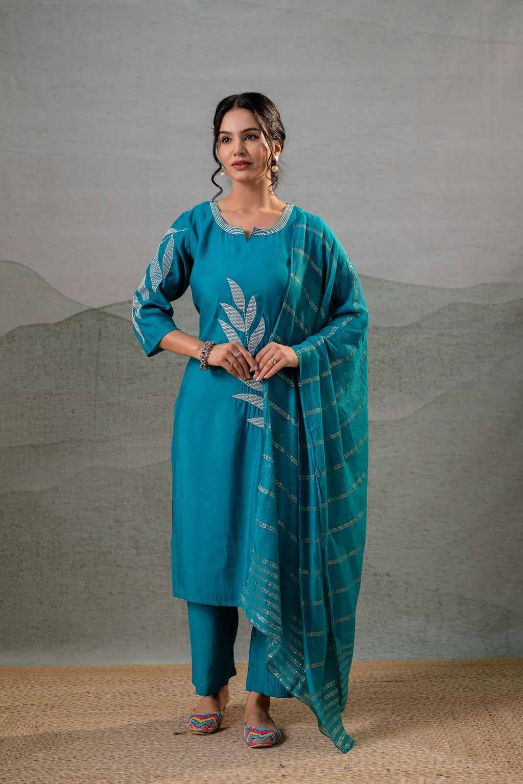 Juniper Rama Leaf-Print Straight Kurta Set With Pant & Zari-Lined Dupatta | Grocsy