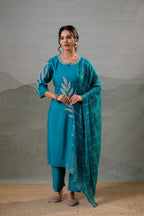 Juniper Rama Leaf-Print Straight Kurta Set With Pant & Zari-Lined Dupatta | Grocsy