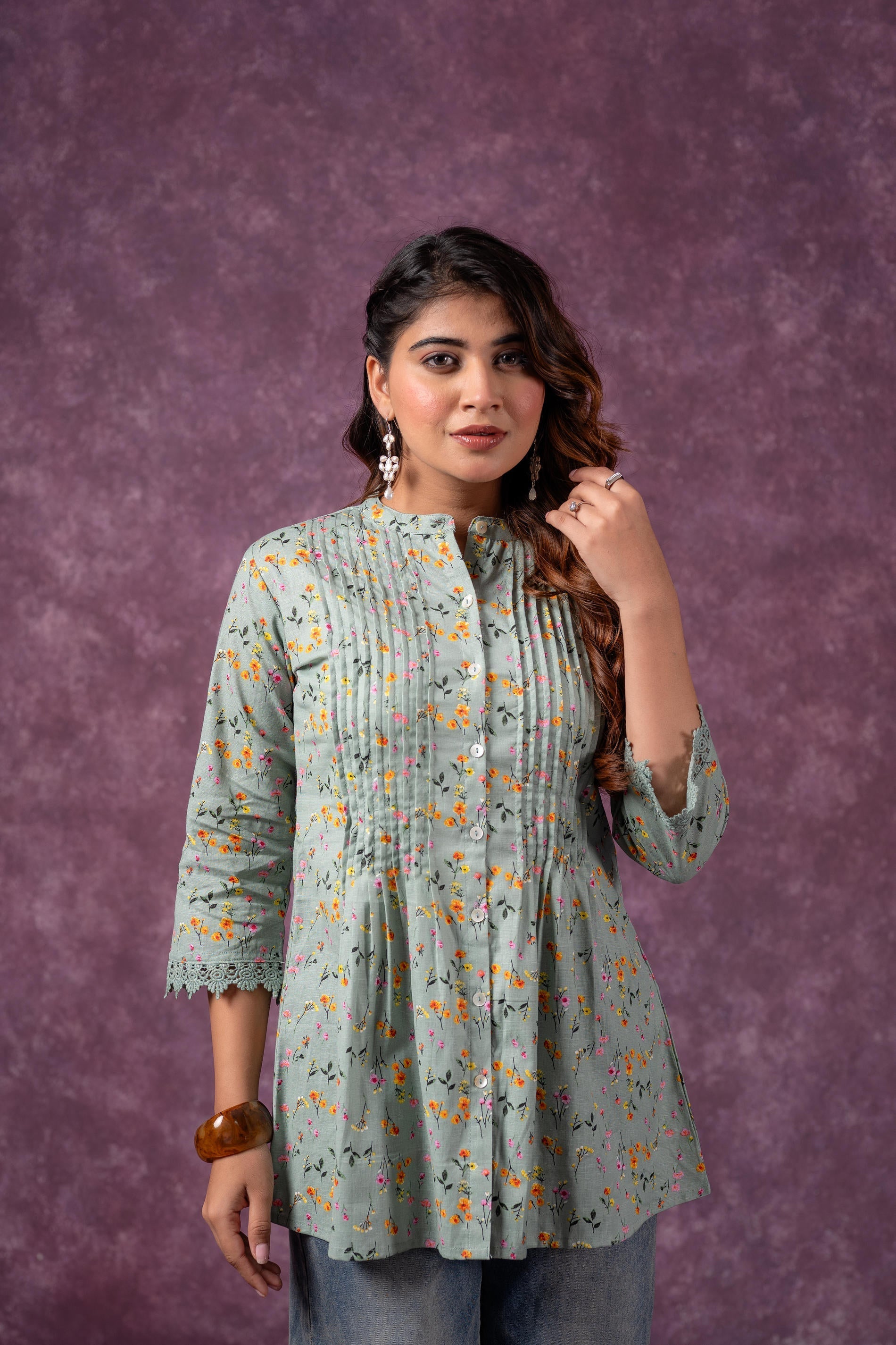 Juniper Sage Green Blossom Printed Short Peplum Kurti With Lace Sleeves | Grocsy