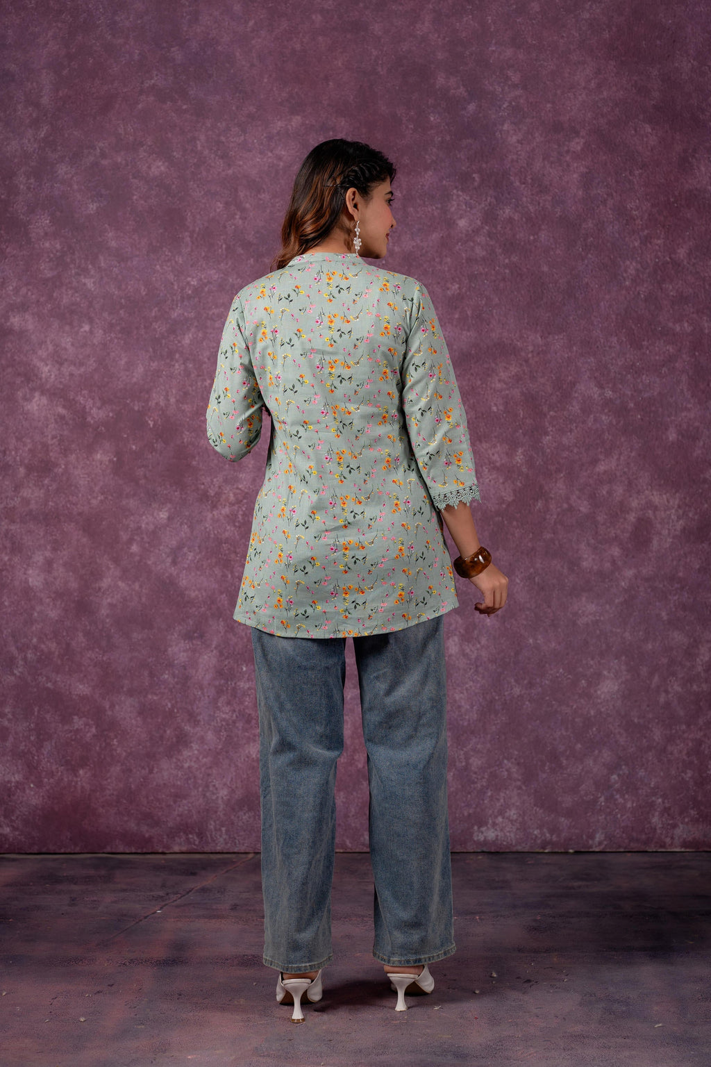 Juniper Sage Green Blossom Printed Short Peplum Kurti With Lace Sleeves | Grocsy