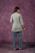 Juniper Sage Green Blossom Printed Short Peplum Kurti With Lace Sleeves | Grocsy