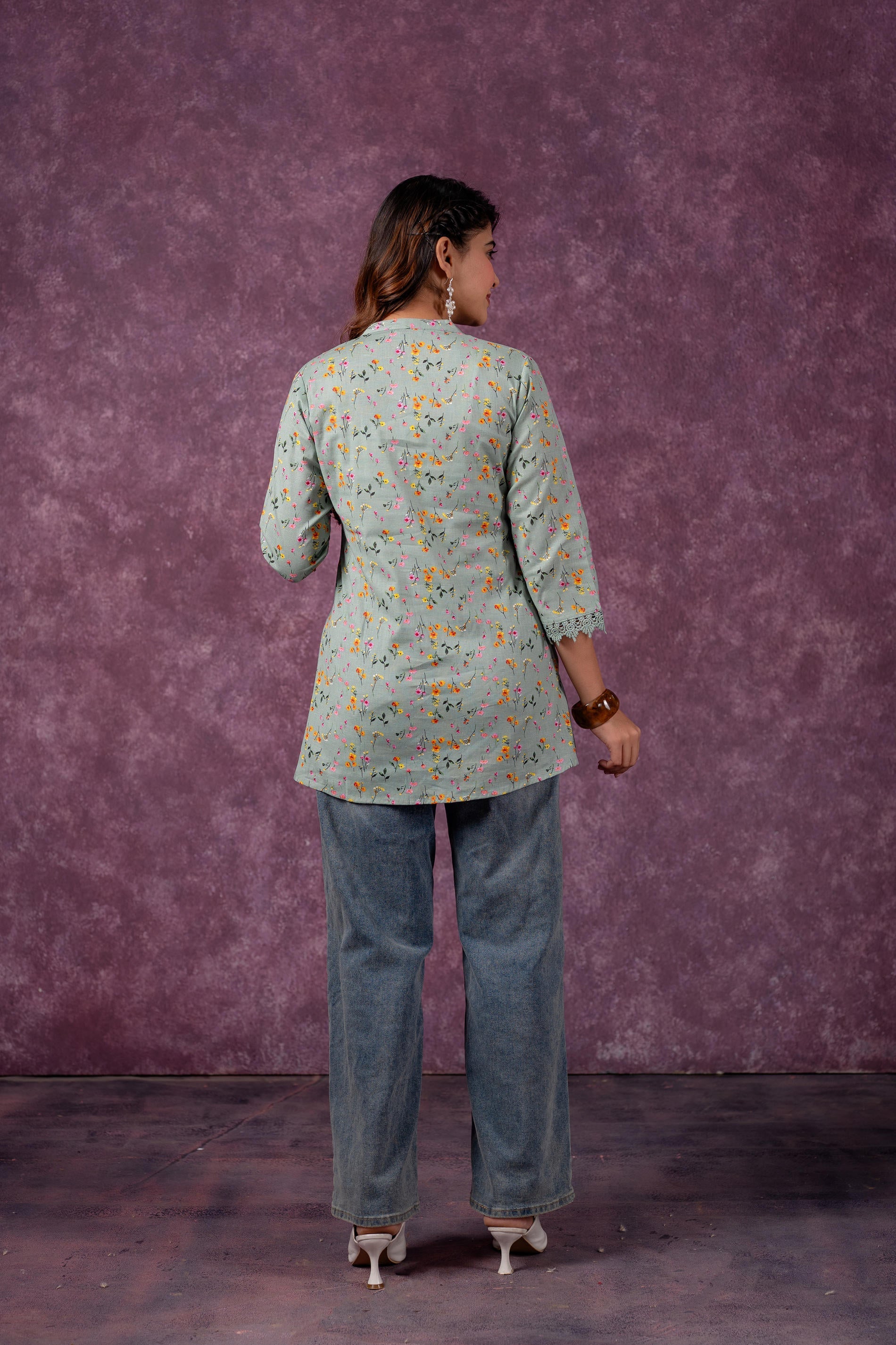 Juniper Sage Green Blossom Printed Short Peplum Kurti With Lace Sleeves | Grocsy