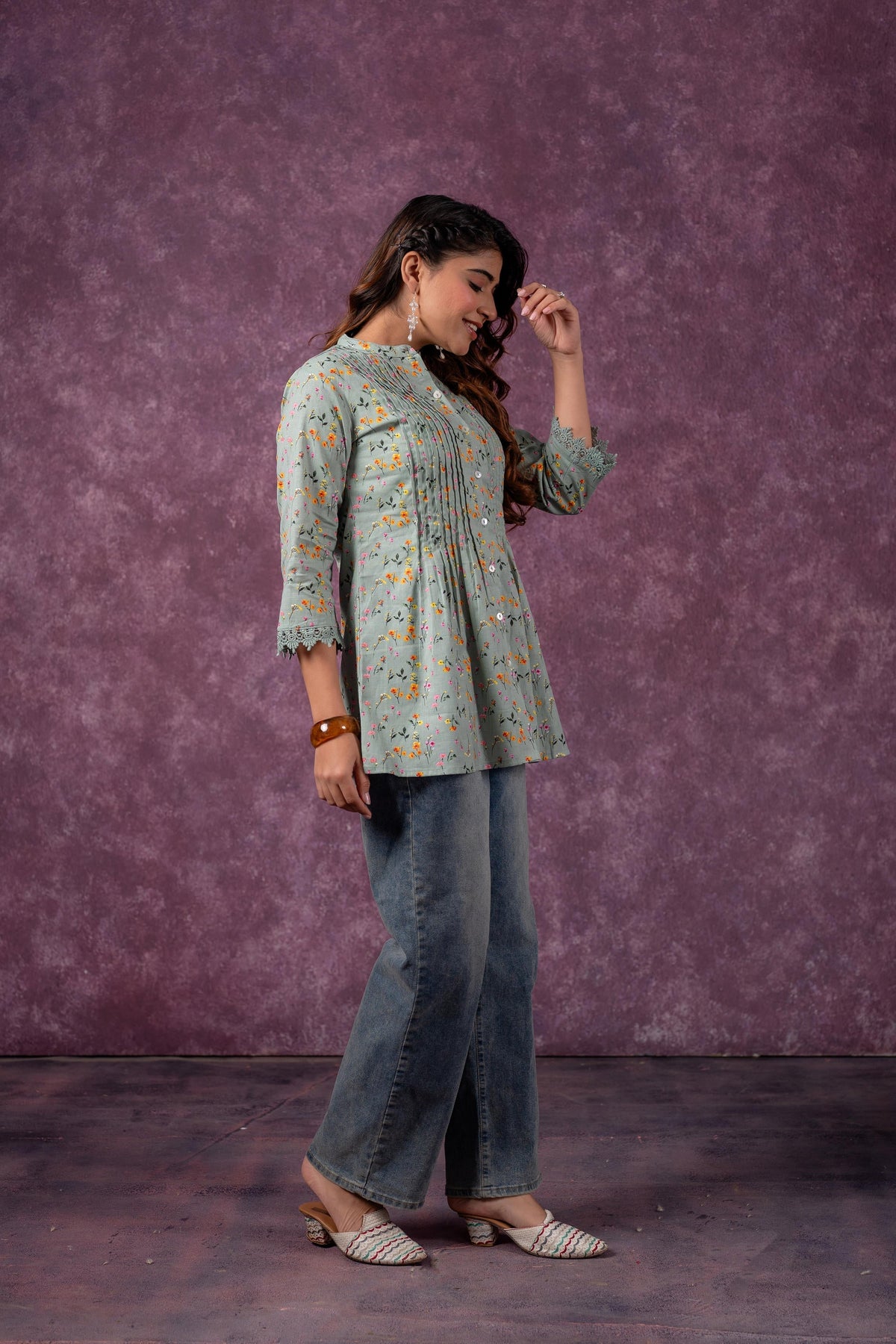Juniper Sage Green Blossom Printed Short Peplum Kurti With Lace Sleeves | Grocsy