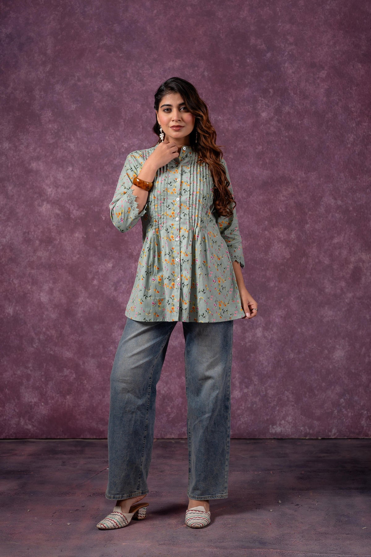 Juniper Sage Green Blossom Printed Short Peplum Kurti With Lace Sleeves | Grocsy