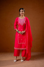 Juniper Fuchsia Zari Embroidered Straight Kurta Set With Matching Pant & Dupatta | Grocsy