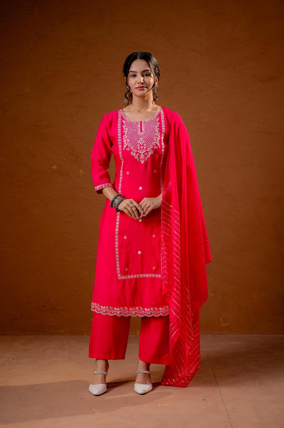 Juniper Fuchsia Zari Embroidered Straight Kurta Set With Matching Pant & Dupatta | Grocsy